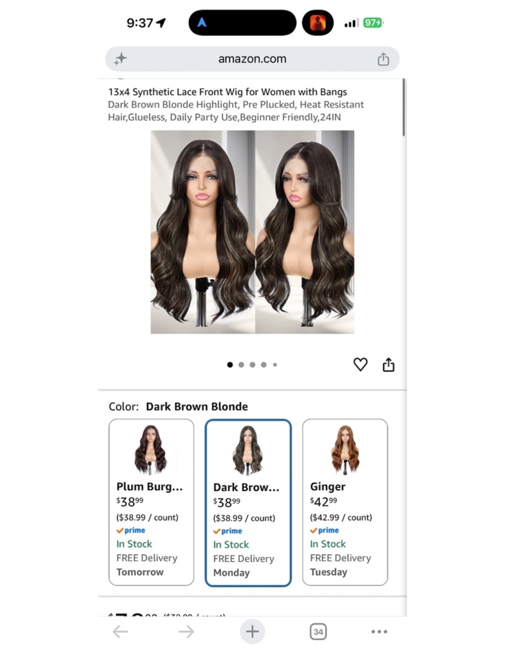 13x4 Synthetic Lace Front Wig for Women with Bangs - Dark Brown Blonde Highlight